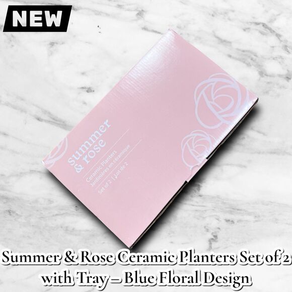 NEW Summer & Rose Ceramic Planters Set of 2 with Tray – Blue Floral Design - Picture 4 of 10